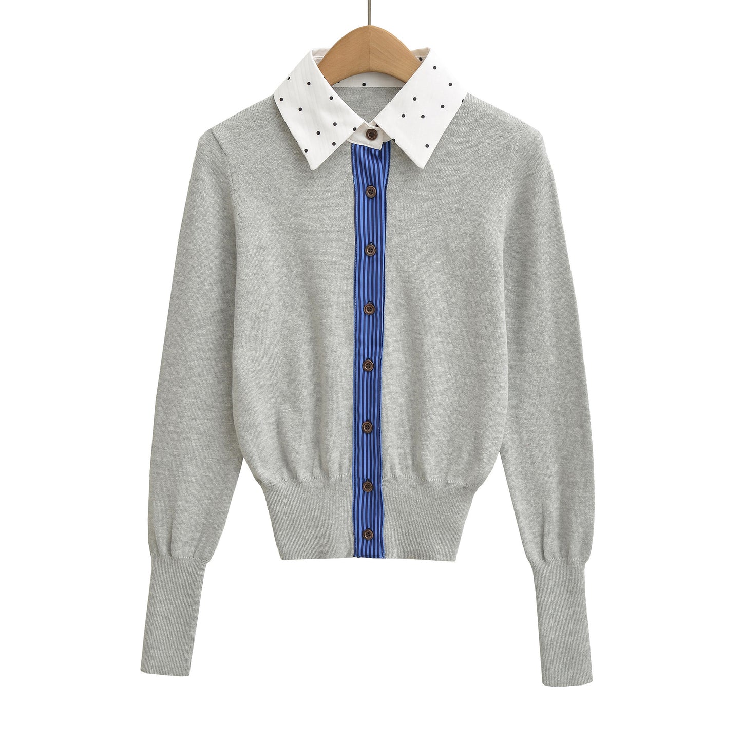 Retro slimming cardigan top fake two-piece patchwork embroidered knit sweater