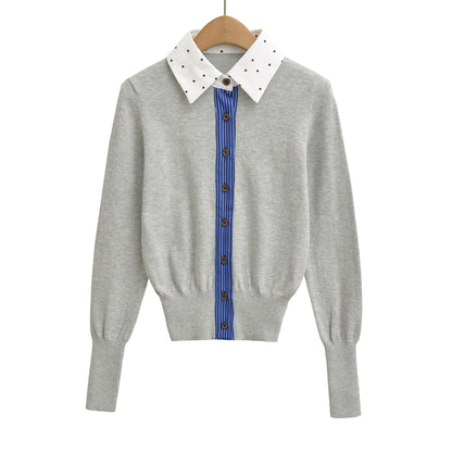 Retro slimming cardigan top fake two-piece patchwork embroidered knit sweater