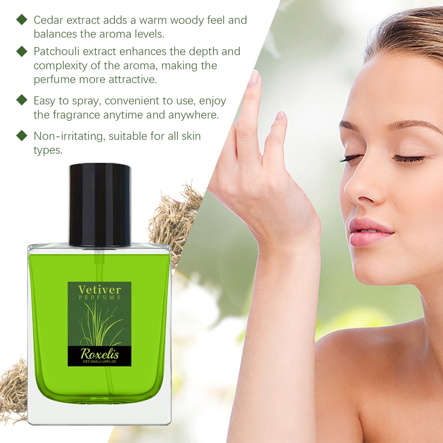 Roxelis Vetiver Fresh Perfume Exudes Charm Natural Fresh Elegant Fragrance Stay Fragrance Everyday Portable Fragrance Perfume