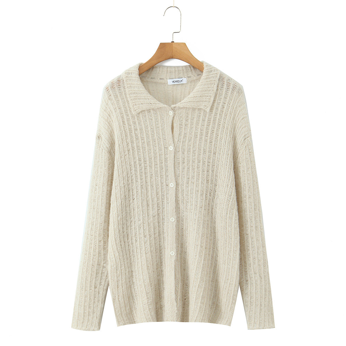 Casual hollow out one row button lapel cardigan women's knitted sweater