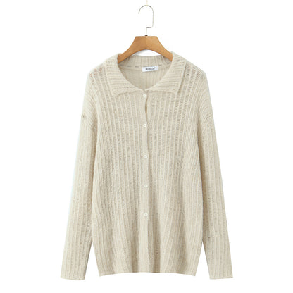 Casual hollow out one row button lapel cardigan women's knitted sweater