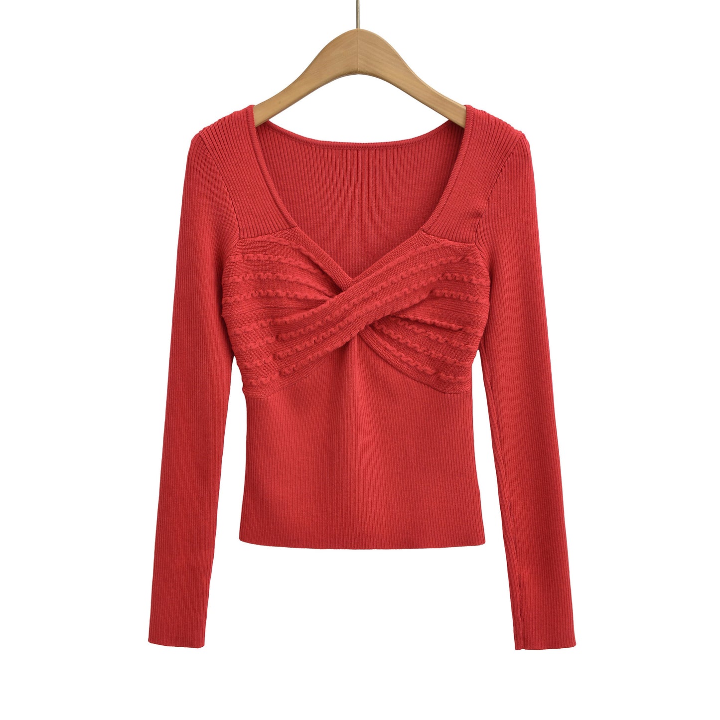 Retro style cross V-neck long sleeved threaded elastic slim fit waist knit sweater