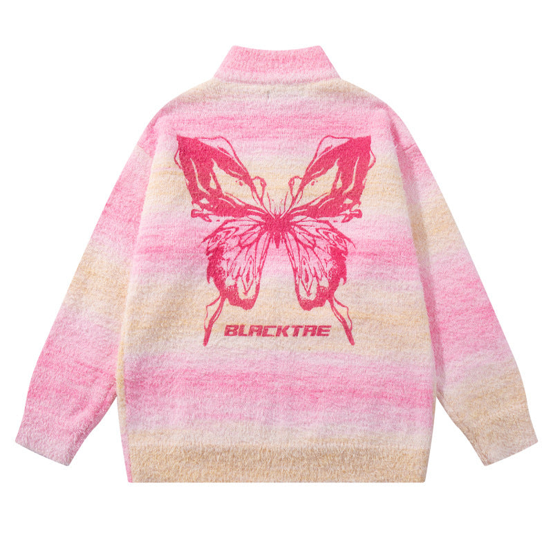 Original Trendy Brand Gradient Butterfly Letter Jacquard Knit Sweater Coat for Men and Women,Lazy Style Loose Couple Knitwear
