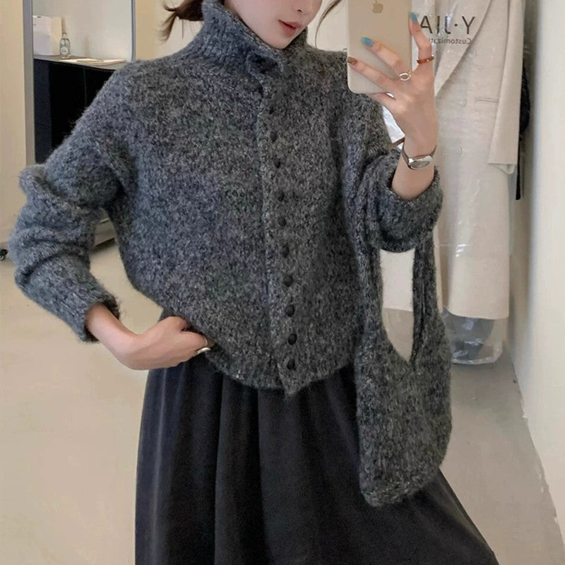 Loose High-neck Thick Warm Knit Cardigan for Women (with Bag)