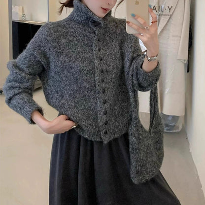 Loose High-neck Thick Warm Knit Cardigan for Women (with Bag)