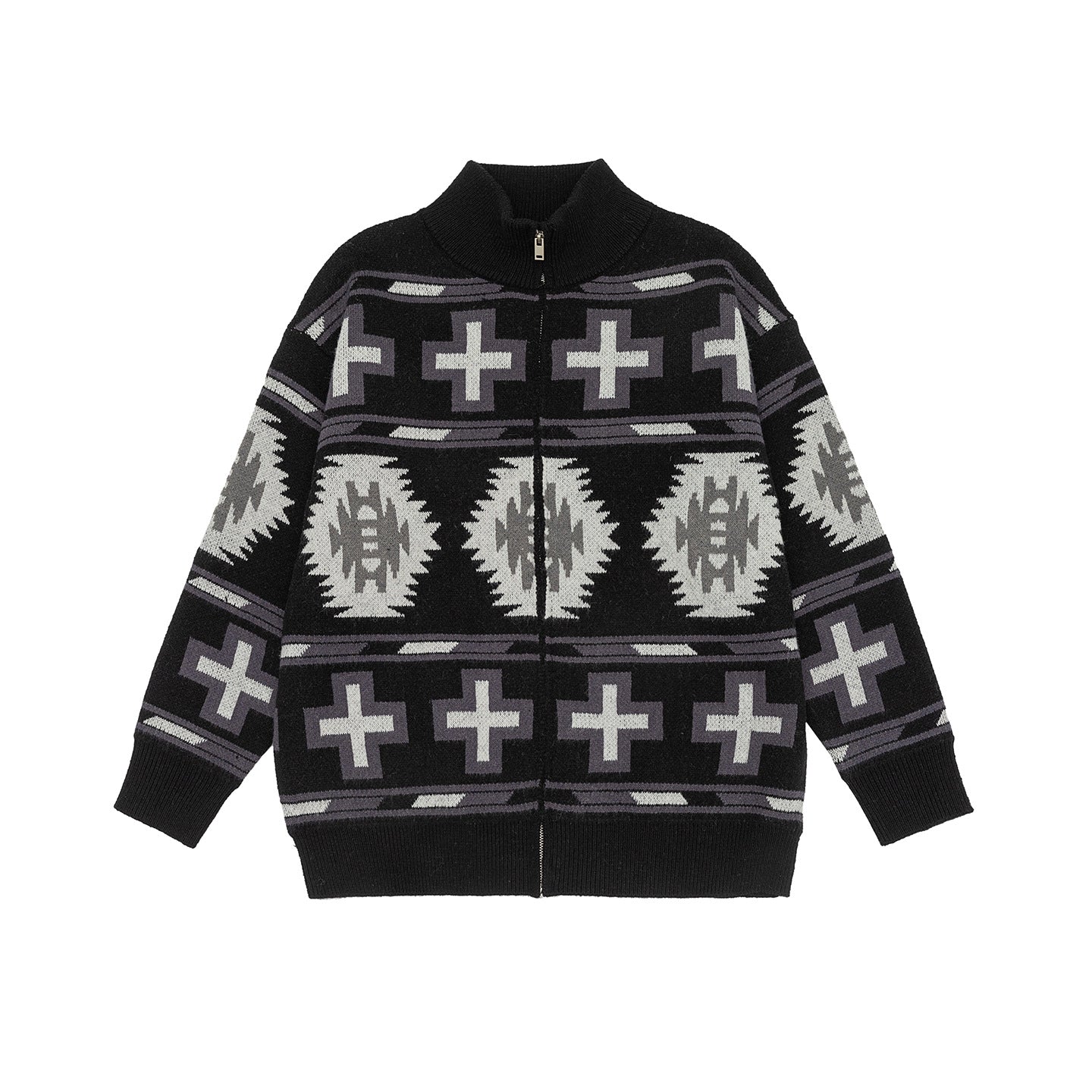 Fair Isle Knit Cardigan with Color-block Jacquard Pattern Loose Fit Zipper Closure Long Sleeve