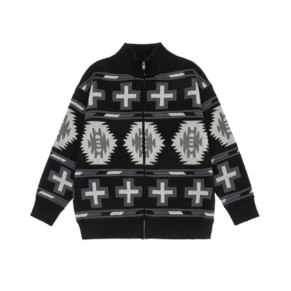 Fair Isle Knit Cardigan with Color-block Jacquard Pattern Loose Fit Zipper Closure Long Sleeve