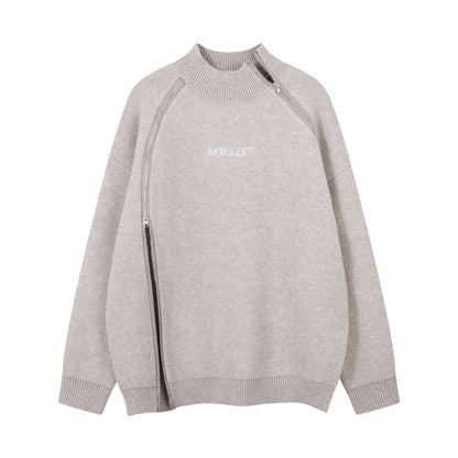 Original High Street Streetwear Cool Dual-Zipper Decorative Design Stand Collar  Lazy Style Sweater