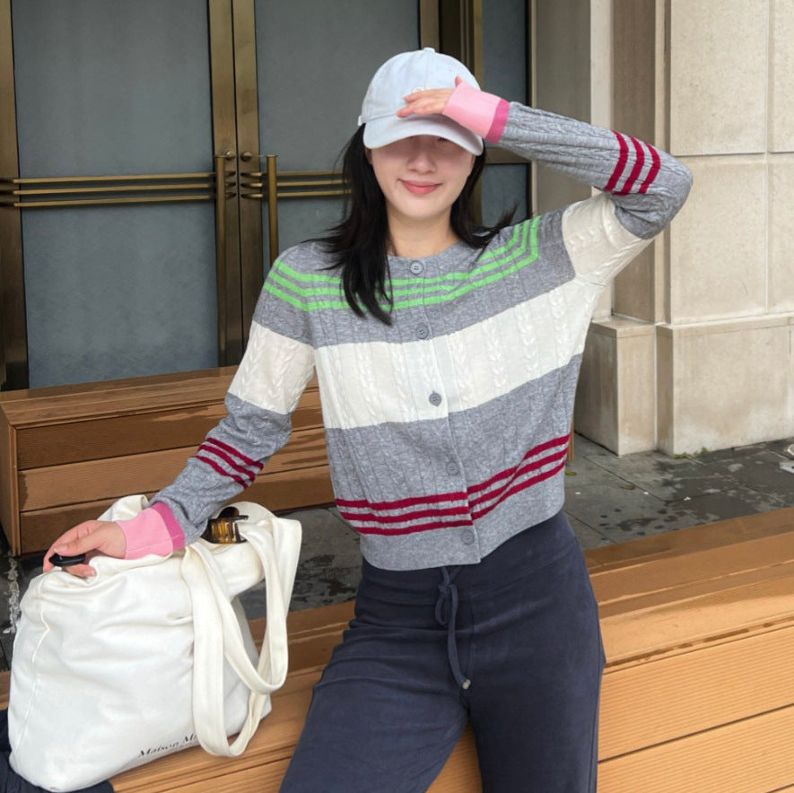 Color Block Stripe Knit Cardigan Women Loose Long Sleeve Wool Blend Soft Outerwear