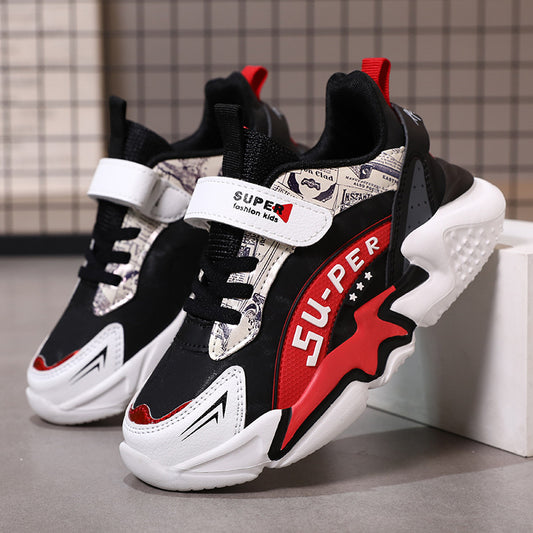 Boys' sports shoes with waterproof leather surface and anti slip soft sole for students