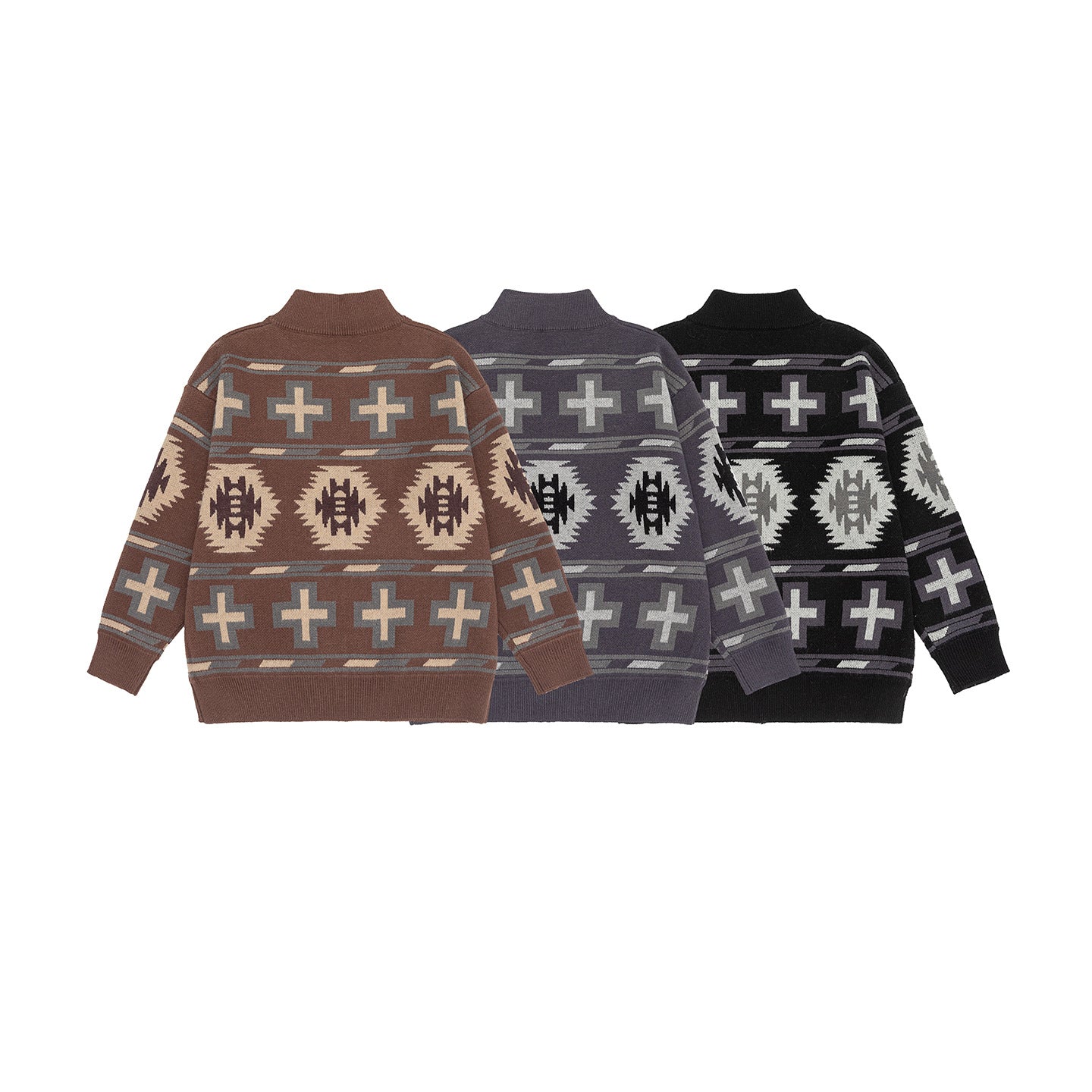 Fair Isle Knit Cardigan with Color-block Jacquard Pattern Loose Fit Zipper Closure Long Sleeve