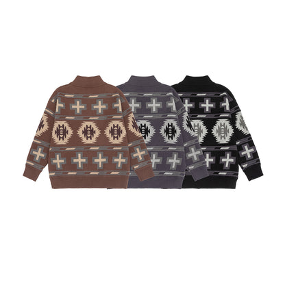 Fair Isle Knit Cardigan with Color-block Jacquard Pattern Loose Fit Zipper Closure Long Sleeve