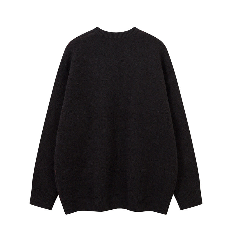 Street Style Embroidered Knit Sweater with Letter Applique, Crew Neck, Loose Fit, Unisex Sweater