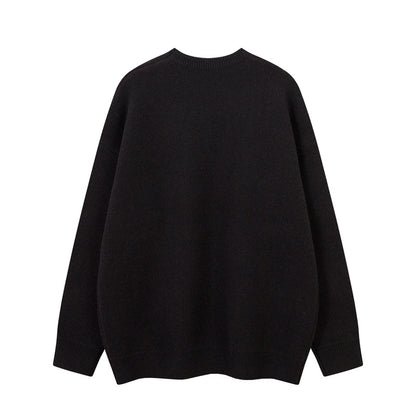 Street Style Embroidered Knit Sweater with Letter Applique, Crew Neck, Loose Fit, Unisex Sweater