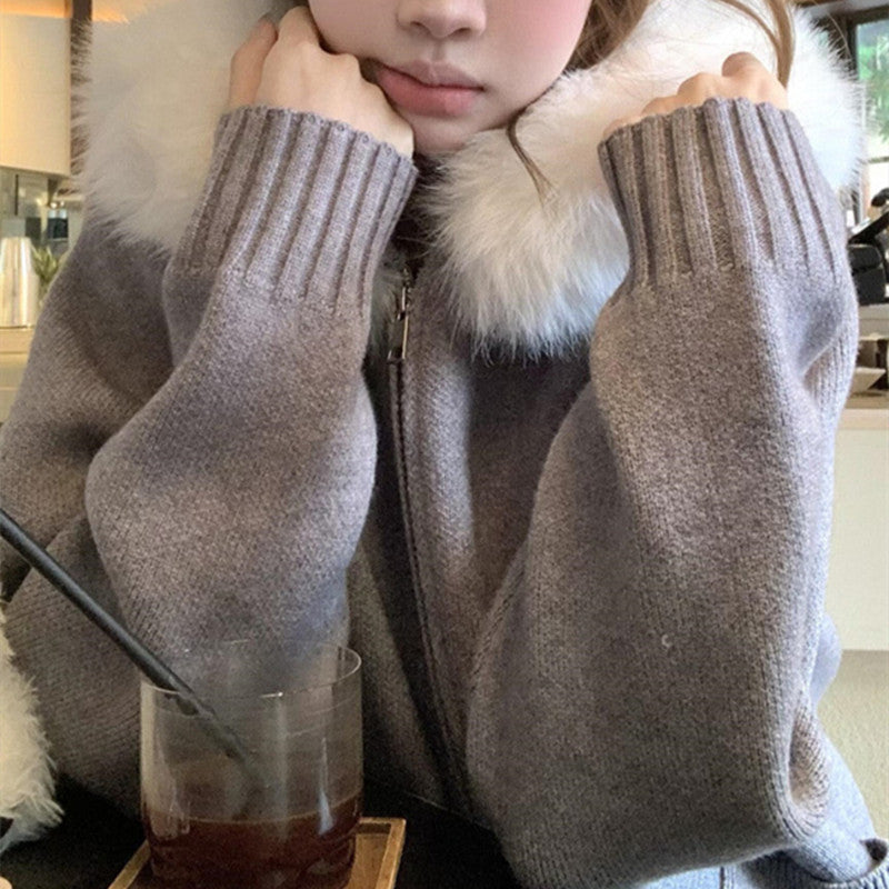 Autumn/Winter Casual Academic Style Loose Outerwear Korean Lazy Style Gray Fur Collar Hooded Knit Cardigan for Women