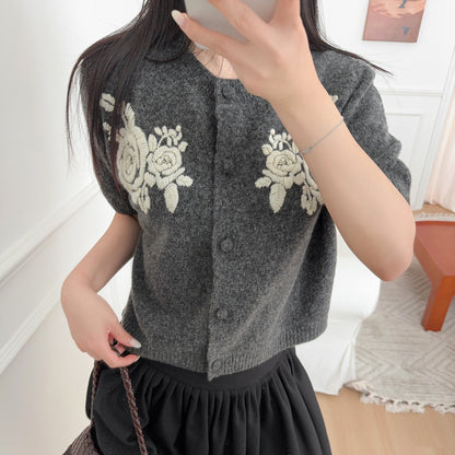 Soft Wool Short Sleeve Knit Cardigan Gray Round Neck Floral Embroidery Vintage Gentle Style Versatile Top