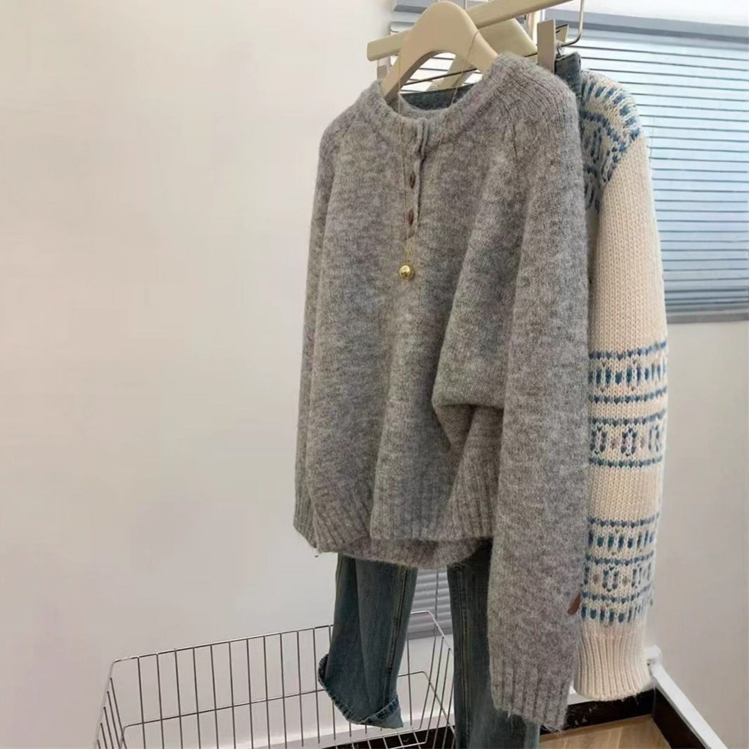 Casual Lazy Style Round Neck Single-Button Pullover Sweater Women's Loose Soft Knit Top