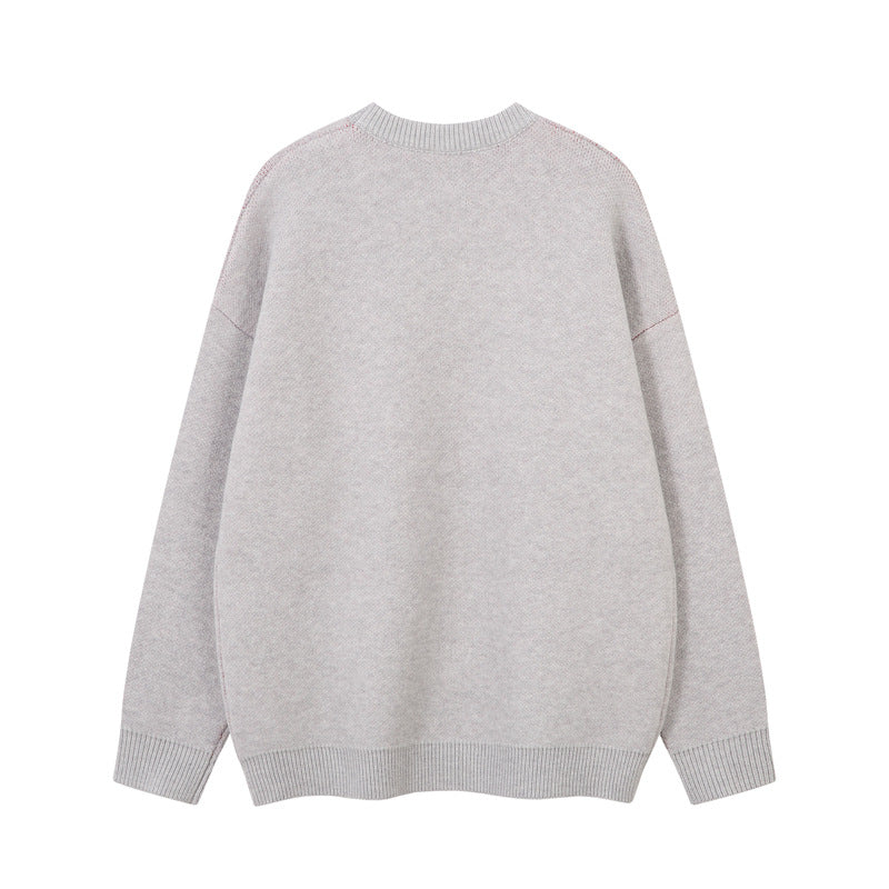 Street Style Embroidered Knit Sweater with Letter Applique, Crew Neck, Loose Fit, Unisex Sweater