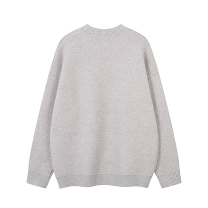 Street Style Embroidered Knit Sweater with Letter Applique, Crew Neck, Loose Fit, Unisex Sweater