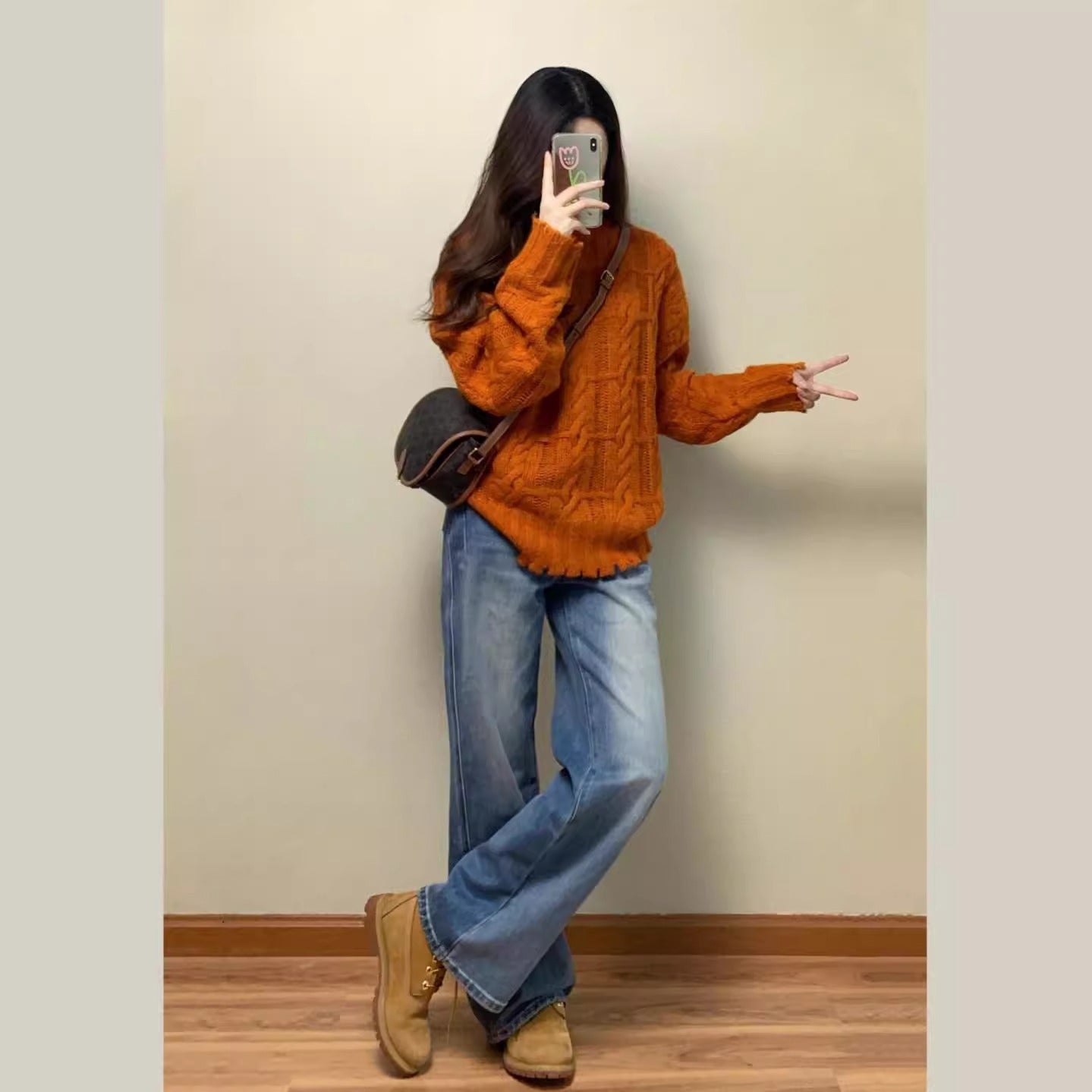 Retro Orange Pumpkin Cable Knit Sweater for Women, Autumn/Winter, Casual Soft and Cozy Knitted Top