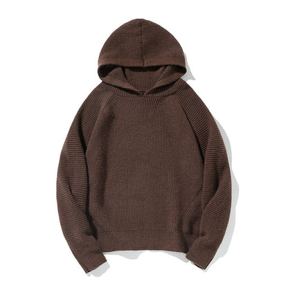 Simple Solid Color Hooded Ribbed Cuff Warm Casual Crewneck Sweater
