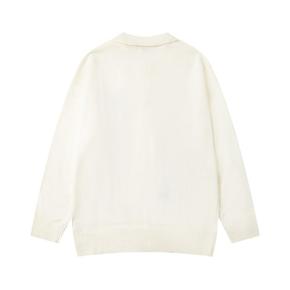 Colorful Cartoon Embroidery Polo Neck Sweater Unisex High Street Lazy Style Loose Couple Knitwear