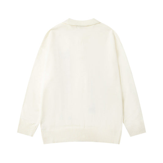 Colorful Cartoon Embroidery Polo Neck Sweater Unisex High Street Lazy Style Loose Couple Knitwear