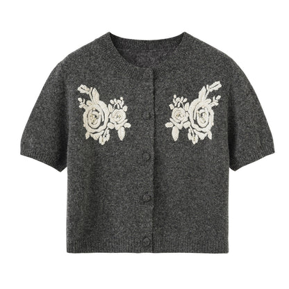 Soft Wool Short Sleeve Knit Cardigan Gray Round Neck Floral Embroidery Vintage Gentle Style Versatile Top