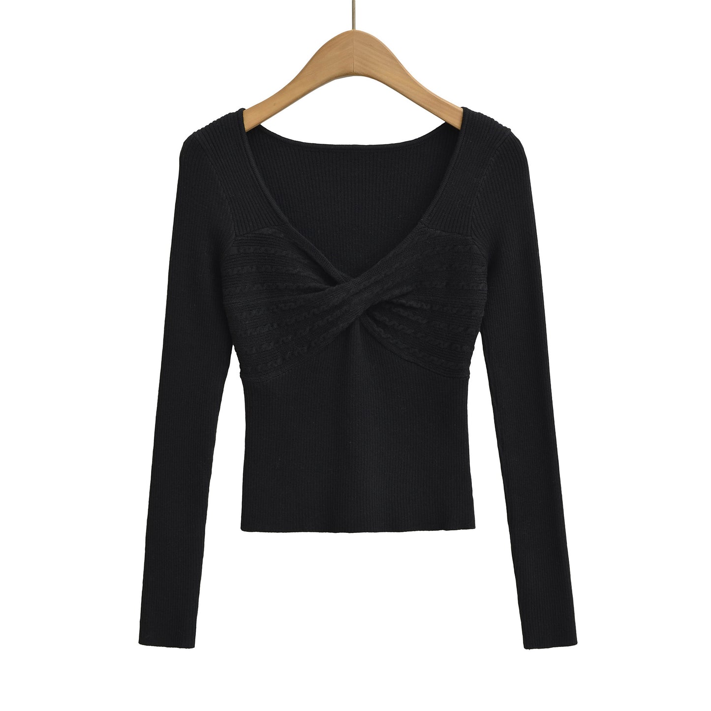 Retro style cross V-neck long sleeved threaded elastic slim fit waist knit sweater