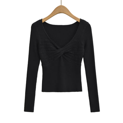 Retro style cross V-neck long sleeved threaded elastic slim fit waist knit sweater