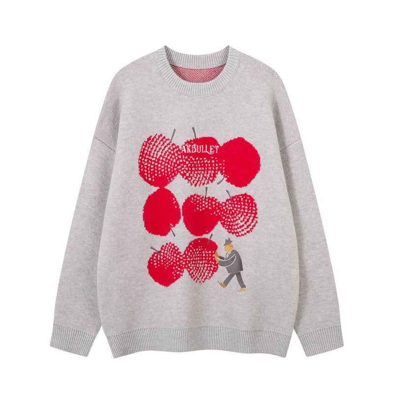 Street Style Embroidered Knit Sweater with Letter Applique, Crew Neck, Loose Fit, Unisex Sweater