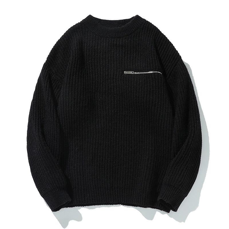 Long Sleeve Zipper Pocket Crew Neck  Knit Sweater