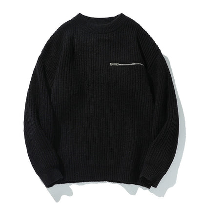 Long Sleeve Zipper Pocket Crew Neck  Knit Sweater