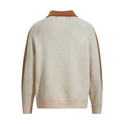 Letter Jacquard Design Loose Color-block Turn-down Collar Pullover Sweater