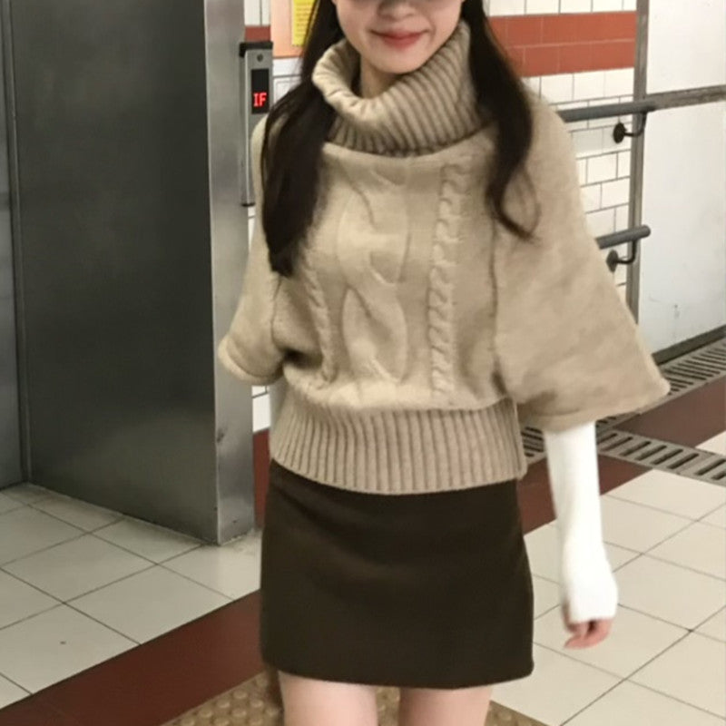 Fall Soft Knit Sweater with 3/4 Sleeves, Loose Fit, Casual Top, Vintage Khaki High Neck Pullover for Women