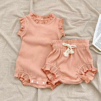 Baby Pit Thread Crawling Clothes Spring/Summer Wooden Ear Edge Girls' Harper+Drawstring Big PP Pants Set