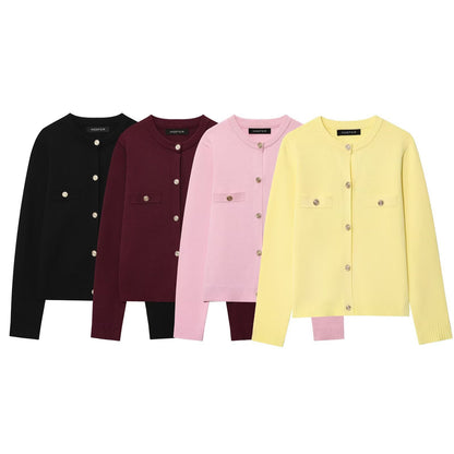 Round neck long sleeved single breasted four-color knitted sweater for women