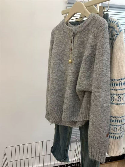 Casual Lazy Style Round Neck Single-Button Pullover Sweater Women's Loose Soft Knit Top