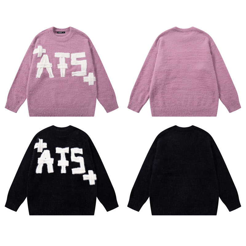 Original Trendy Brand Knit Sweater Men's Applique Embroidery Round Neck Casual Inner Wear Couple Basic Knitwear