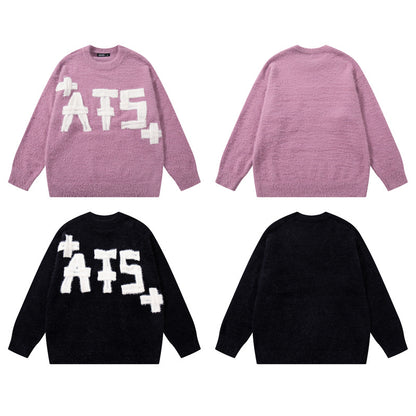 Original Trendy Brand Knit Sweater Men's Applique Embroidery Round Neck Casual Inner Wear Couple Basic Knitwear