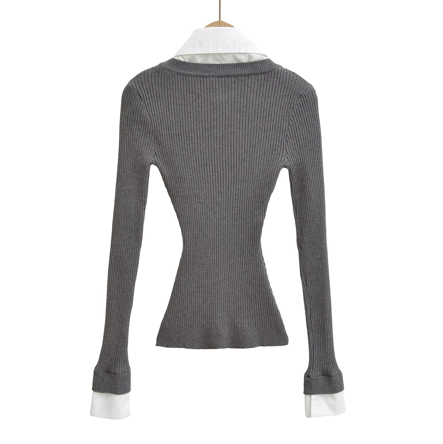 Retro style fake two-piece spliced shirt collar elastic slim fit waist cinching knit sweater