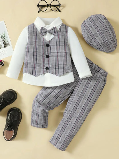 Hat, Long Sleeve Shirt, Plaid Vest and Pants 4-Piece Set