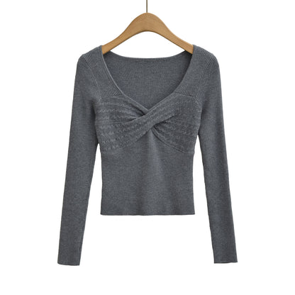 Retro style cross V-neck long sleeved threaded elastic slim fit waist knit sweater