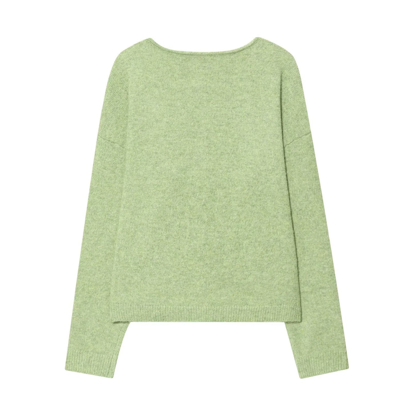 Round neck long sleeved single breasted solid color knitted sweater for women