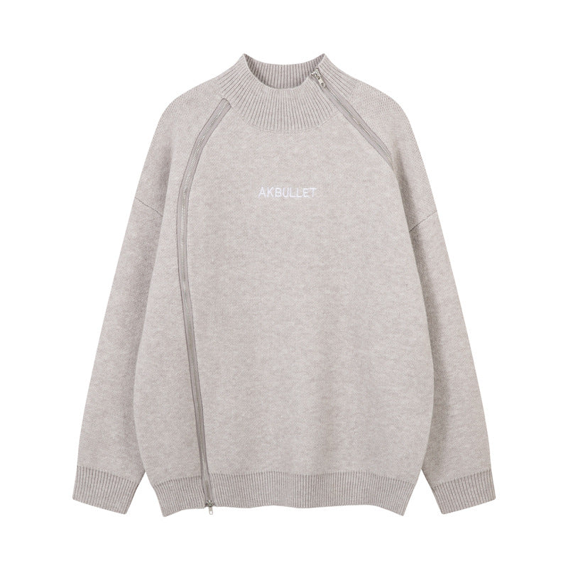 Original High Street Streetwear Cool Dual-Zipper Decorative Design Stand Collar  Lazy Style Sweater