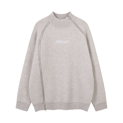 Original High Street Streetwear Cool Dual-Zipper Decorative Design Stand Collar  Lazy Style Sweater