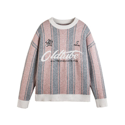 Sporty College Style Color-Blocked Letter Jacquard Loose Knit Sweater