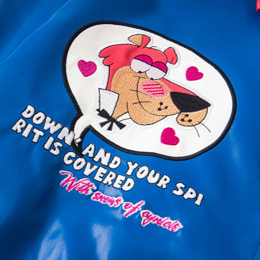 College Style Vintage Cartoon Embroidery PU Leather Patchwork Casual Loose Jacket for Men and Women