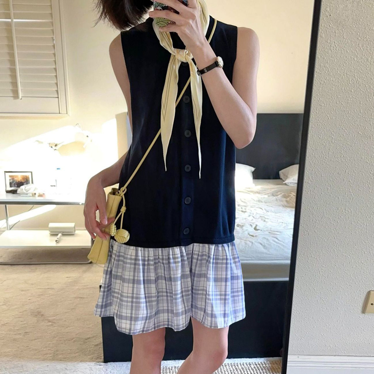 Color-blocked Knit Dress for Women, Plaid Hem, Ruffle Collar Sleeveless Midi Length Dress