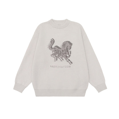 Horse Embroidery Knitwear Loose Casual Unisex  Sweater